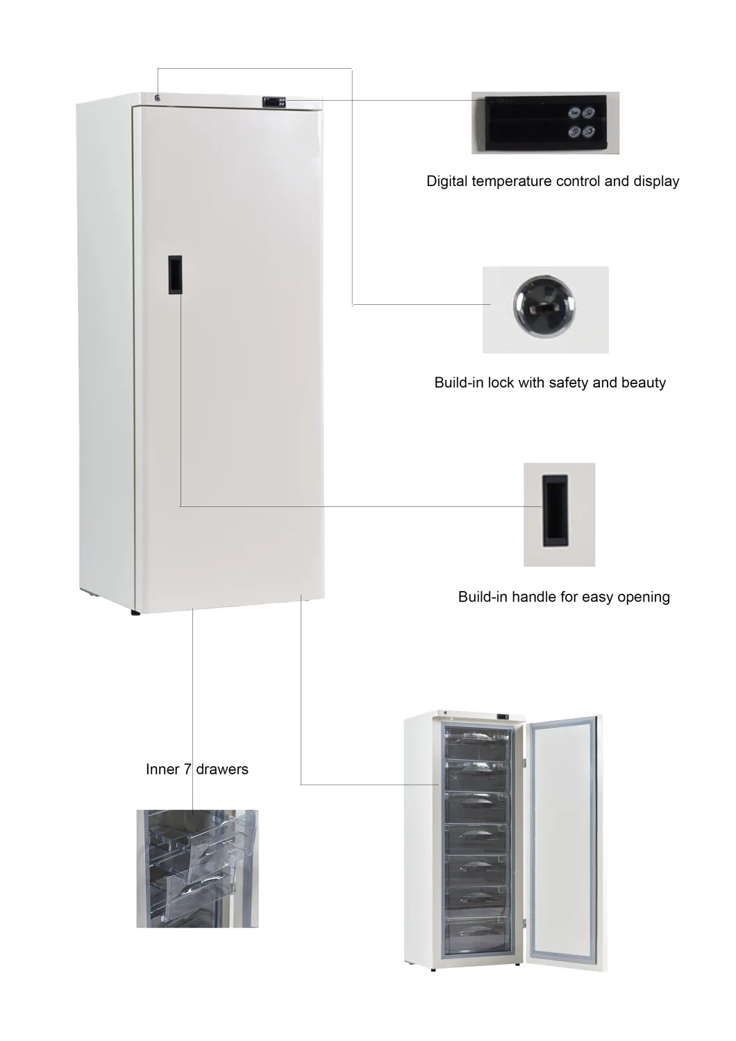 -40 graus de poupança de energia verticalmente 278 litros de congelador médico com multi gavetas