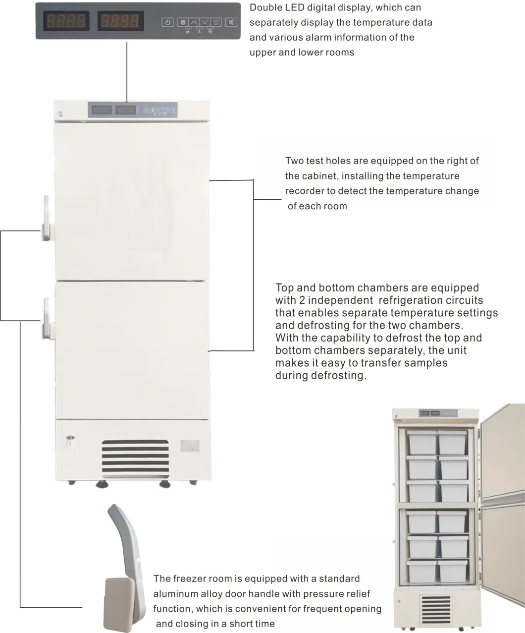 -25 graus de poupança de energia verticalmente 358 litros de congelador médico com multi gavetas